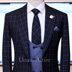 Black with sky blue windowpane check 3 piece suit