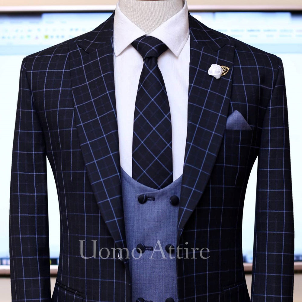 Black with sky blue windowpane check 3 piece suit Uomo Attire