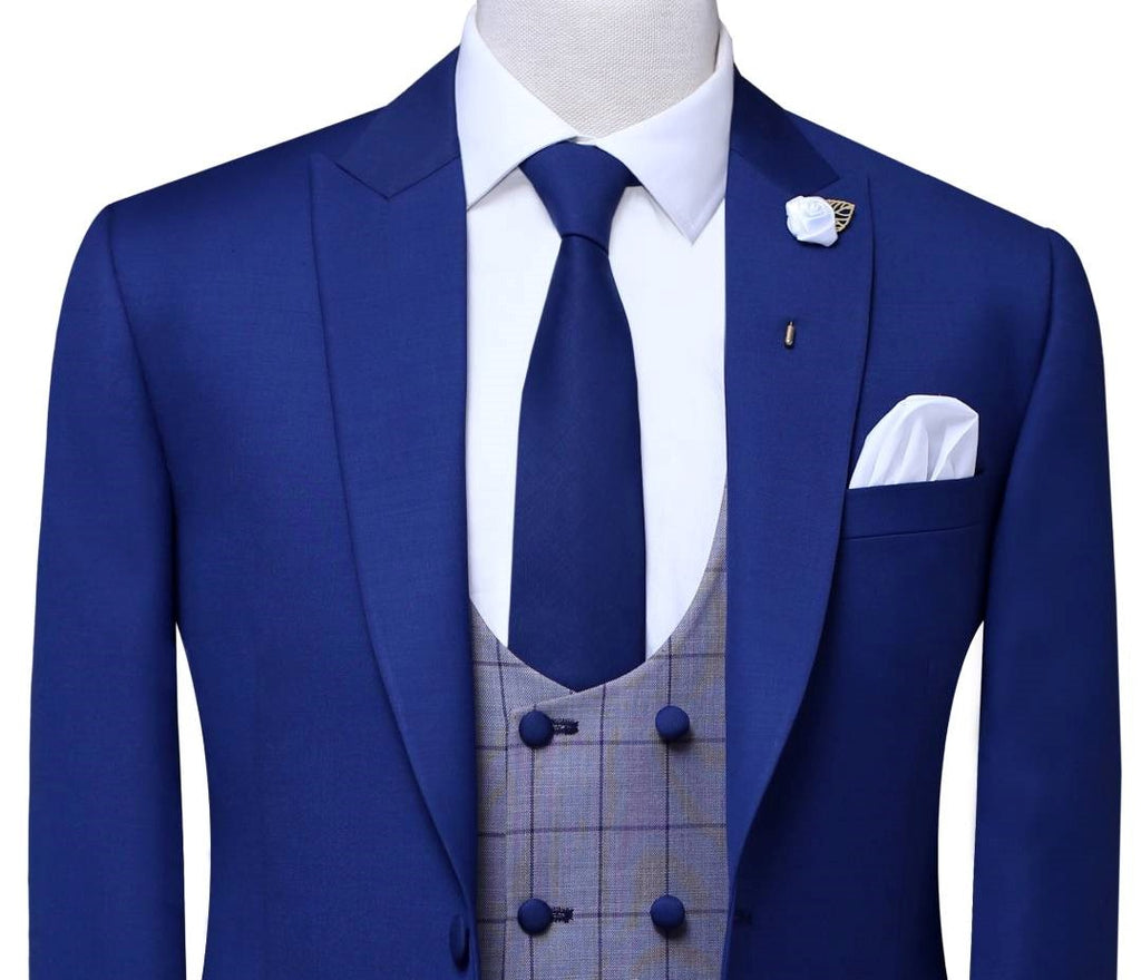 Blue Italian tropical windowpane three piece suit with double breasted vest and fabric buttons