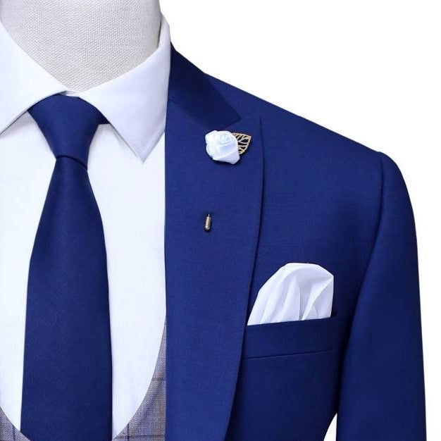Blue Italian tropical windowpane three piece suit with formal blue tie and lapel pin and pocket square