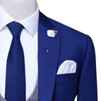 Blue Italian tropical windowpane three piece suit with formal blue tie and lapel pin and pocket square
