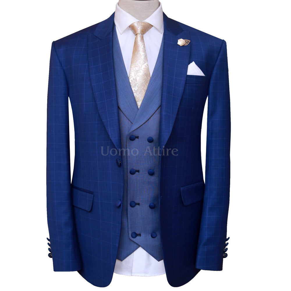 Blue wedding suit for men with double breasted shawl lapel vest, blue suit for men