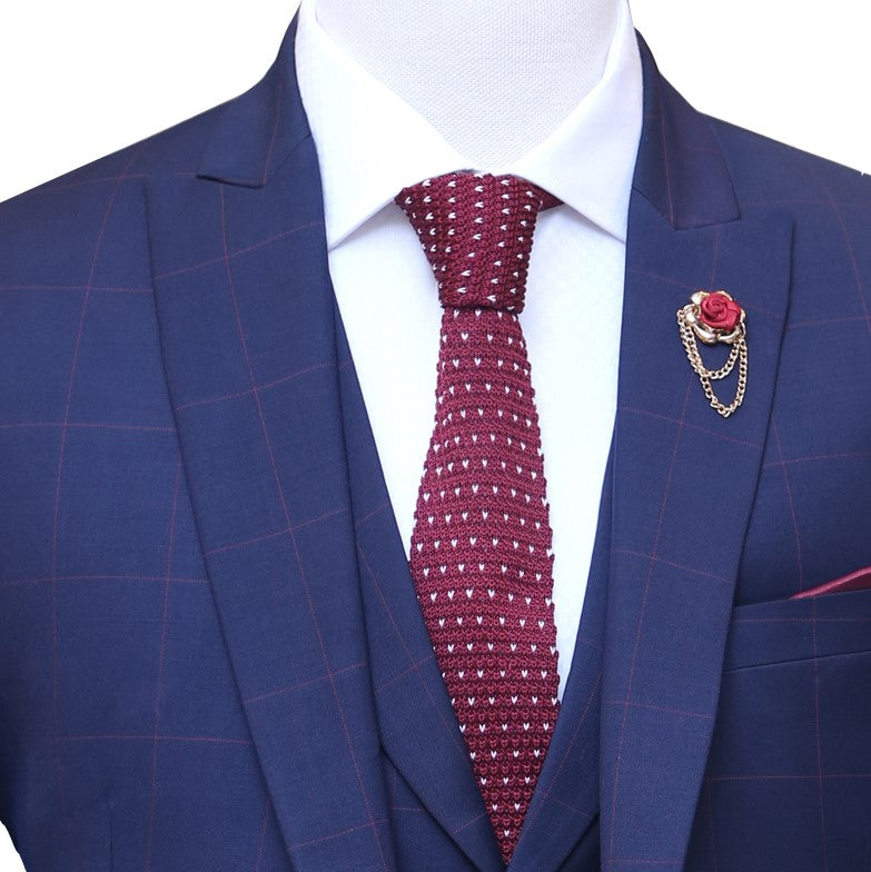 Blue three piece suit with red windowpane check tie, blue suits for men