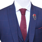 Blue three piece suit with red windowpane check tie, blue suits for men