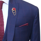 Blue three piece suit with red windowpane check pocket square, blue suits for men