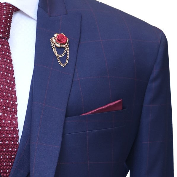 
                  
                    Blue three piece suit with red windowpane check pocket square, blue suits for men
                  
                