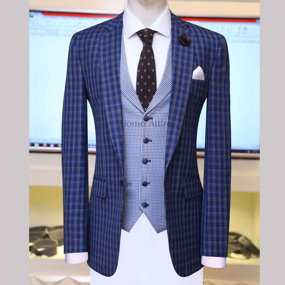 Contrast blue check three piece suit