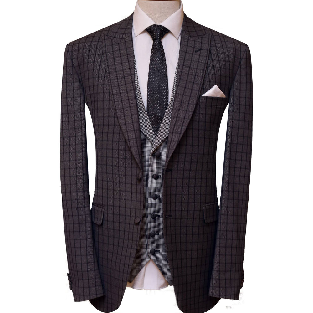 Contrast checkered windowpane three piece suit, 3 piece suit for men