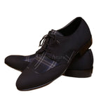 Contrast checkered windowpane three piece suit with fabric shoes