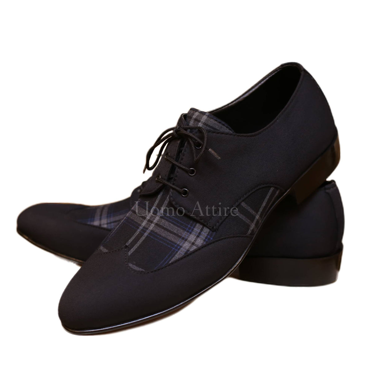 Contrast checkered windowpane three piece suit with fabric shoes