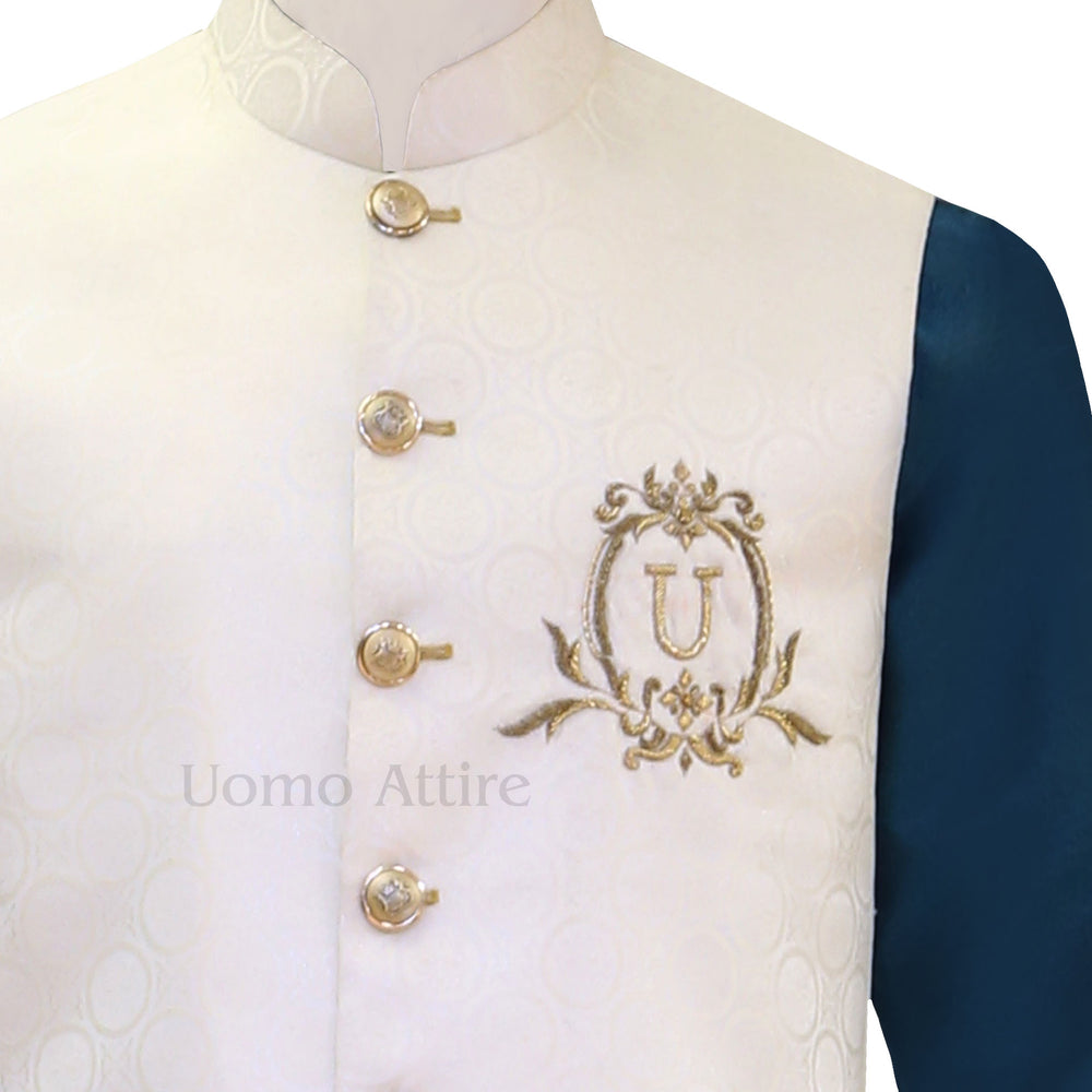 
                  
                    Cream round cut customized waistcoat with golden brass buttons, waistcoat
                  
                