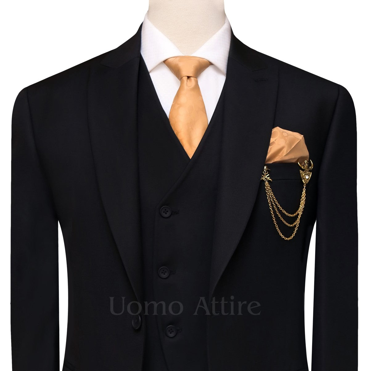 
                  
                    Custom-made black three piece suit, black suit for men with stylish cut vest
                  
                