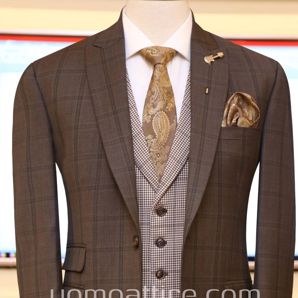 check 3 piece suit for men with mini check single breasted shawl lapel vest