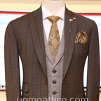 check 3 piece suit for men with mini check single breasted shawl lapel vest