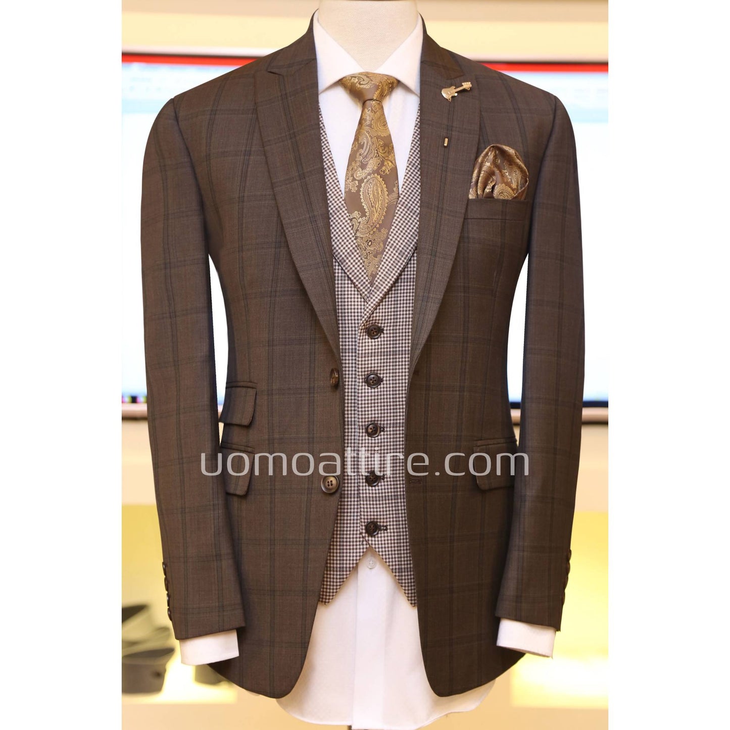 check 3 piece suit for men with mini check single breasted shawl lapel vest