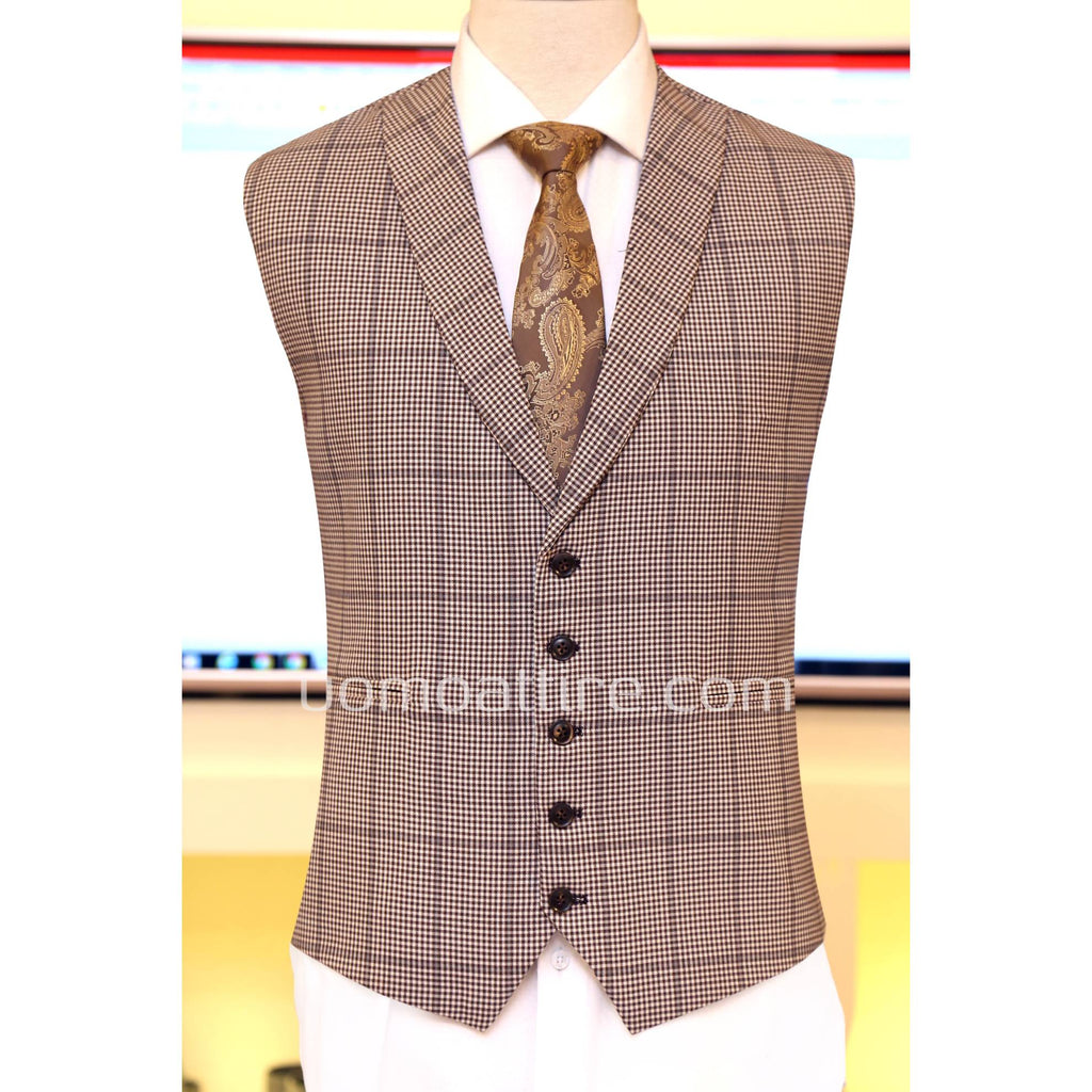 check 3 piece suit for men with mini check single breasted shawl lapel vest