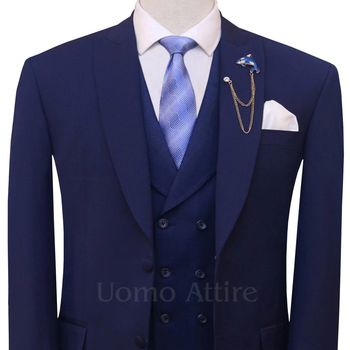 Custom-made textured light weight navy blue three piece suit