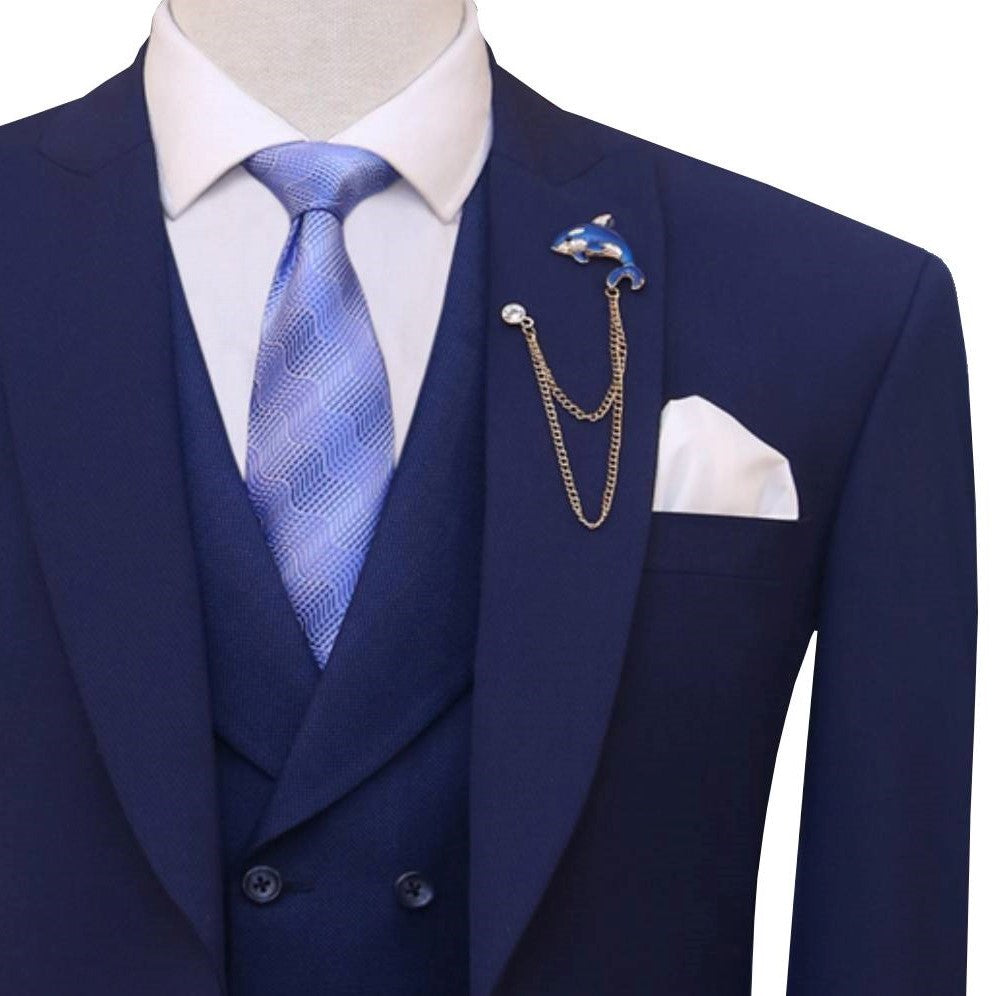 Custom-made textured light weight navy blue three piece suit