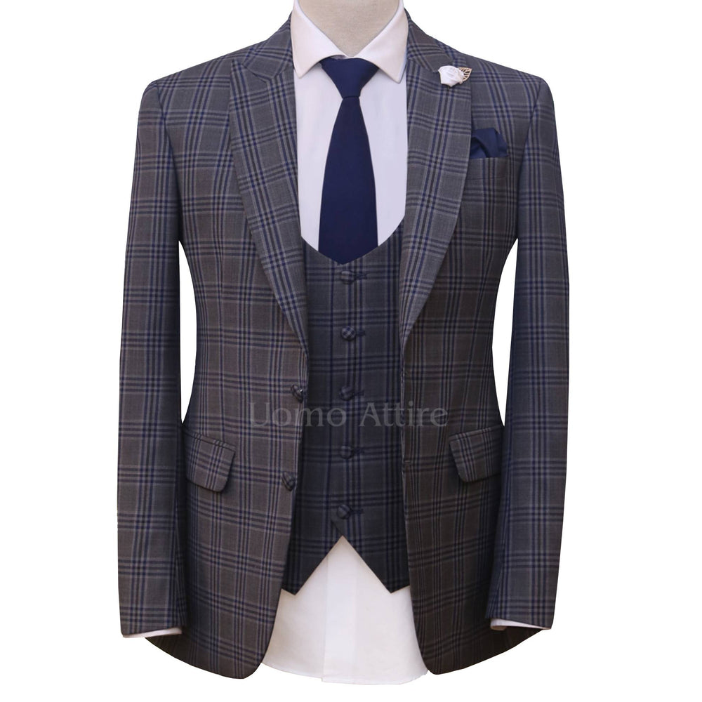 Custom-made windowpane check 3 piece suit for men