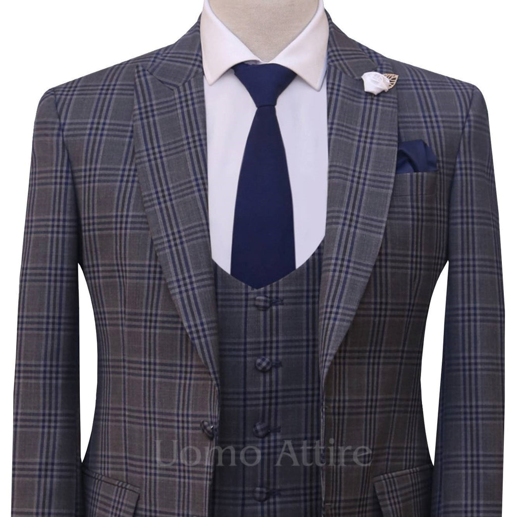 Custom-made windowpane check 3 piece suit for men