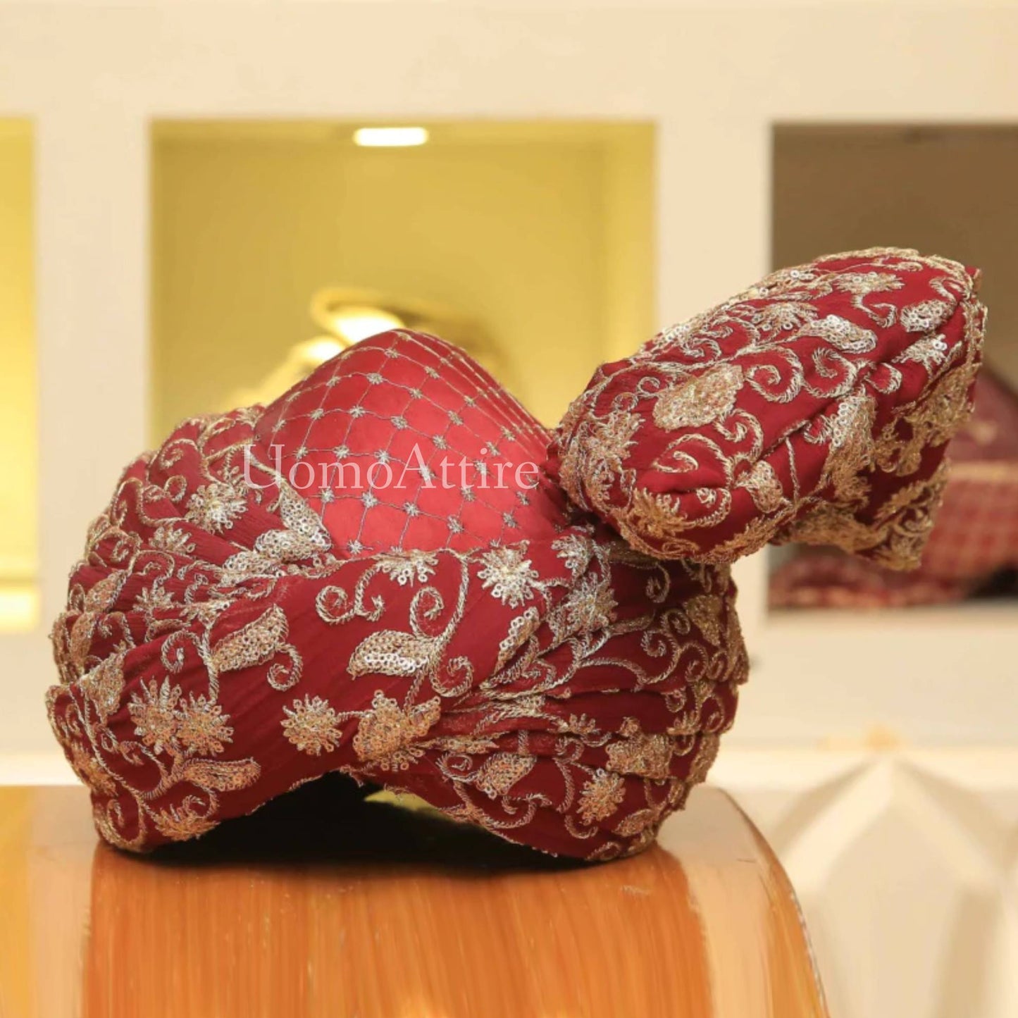 Custom Design Red Rajasthani Turban With Golden Embroidery Work