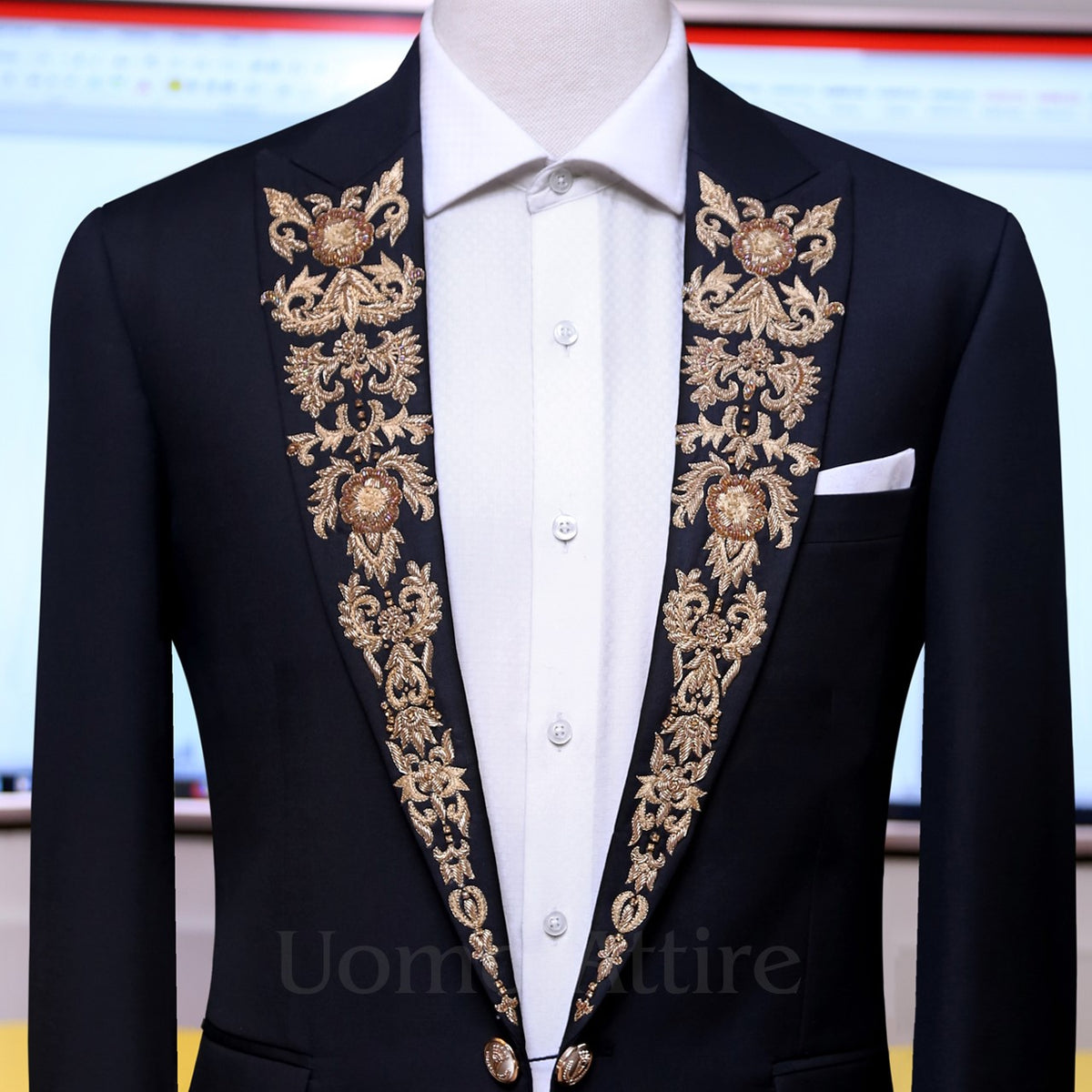 Dark black embellished lapel 2 piece tuxedo, embellished tuxedo suit, black tuxedo suit