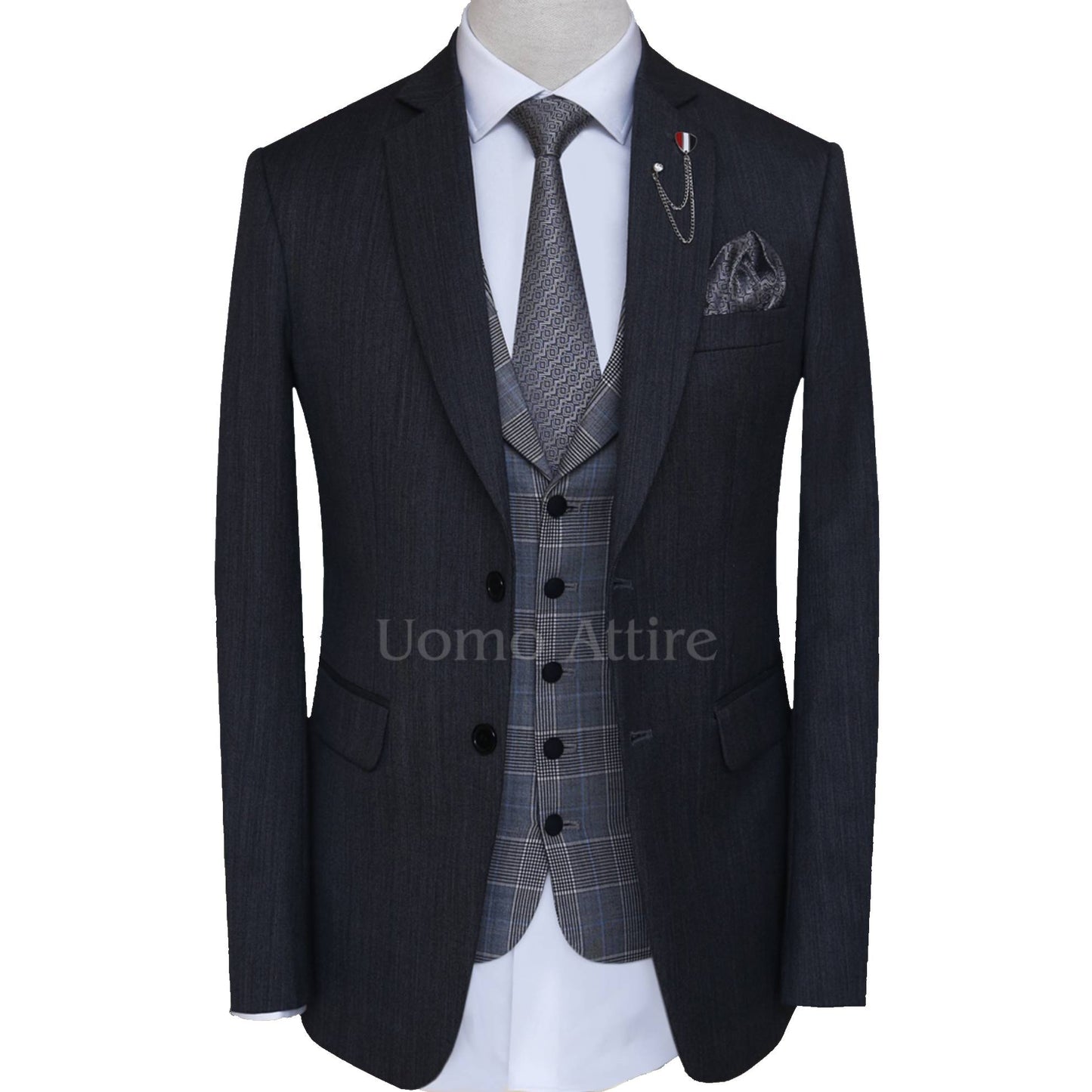 
                  
                    Dark gray italian woolen fabric three piece suit single breasted shawl lapel vest
                  
                