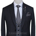 Dark gray italian woolen fabric three piece suit single breasted shawl lapel vest and matching formal tie