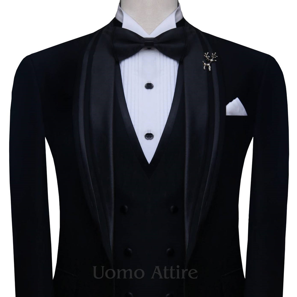 Double piping wedding tuxedo three piece suit, black tuxedo suit, black tuxedo suit with double piping shawl lapel and double breasted black vest and black tuxedo tie