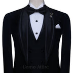 Double piping wedding tuxedo three piece suit, black tuxedo suit, black tuxedo suit with double piping shawl lapel and double breasted black vest and black tuxedo tie