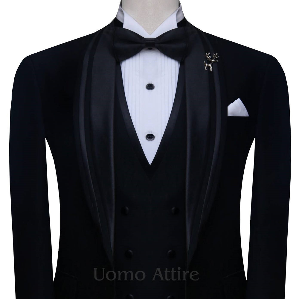 
                  
                    Double piping wedding tuxedo three piece suit, black tuxedo suit, black tuxedo suit with double piping shawl lapel and double breasted black vest and black tuxedo tie
                  
                