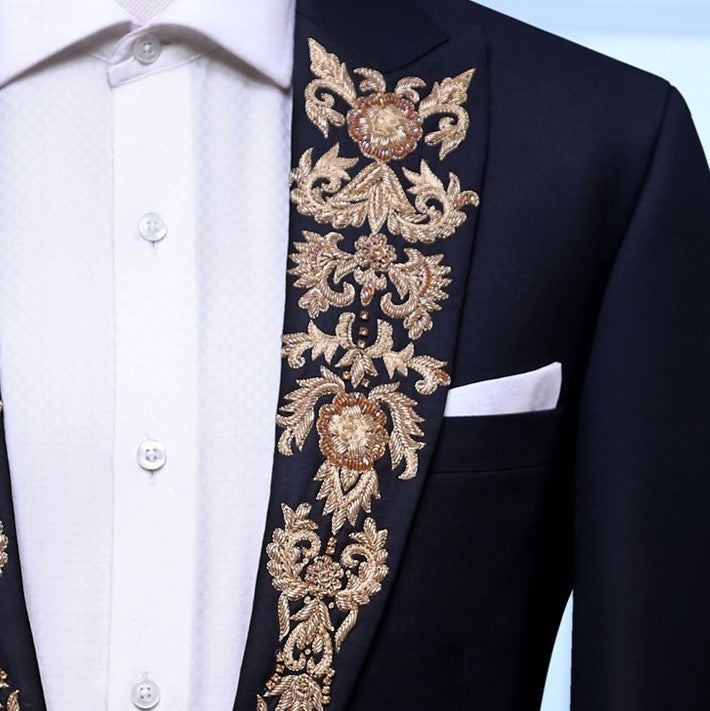 Dark black embellished lapel 2 piece tuxedo, embellished tuxedo suit, black tuxedo suit