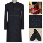Black sherwani with embellishment and same fabric shoes, black sherwani for groom, sherwani, black sherwani