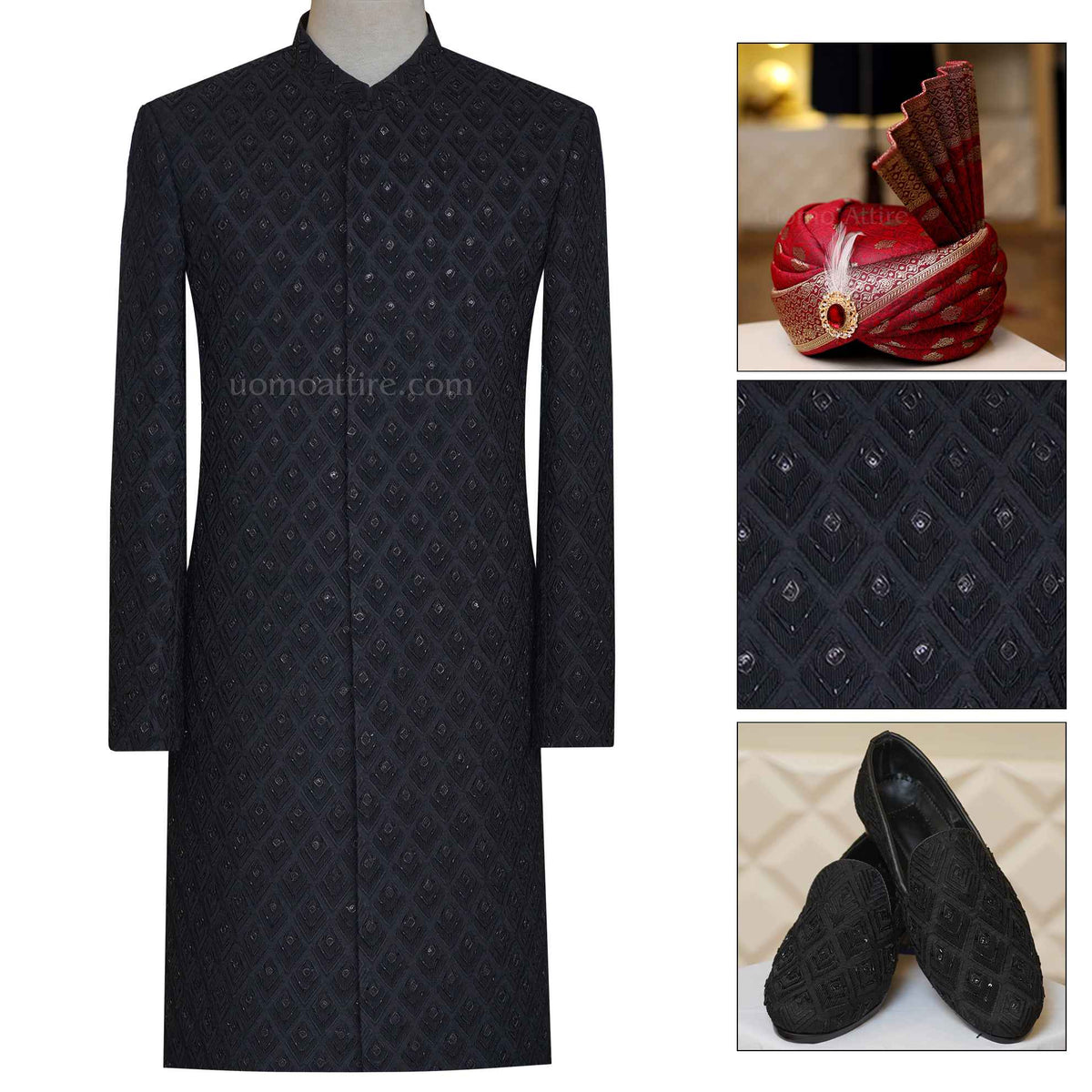 Black sherwani with embellishment and same fabric shoes, black sherwani for groom, sherwani, black sherwani