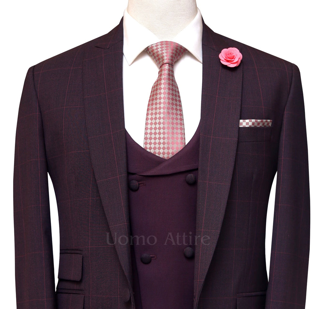 Windowpane Glen Check Burgundy Wedding Suits For Men | Burgundy Color Suit