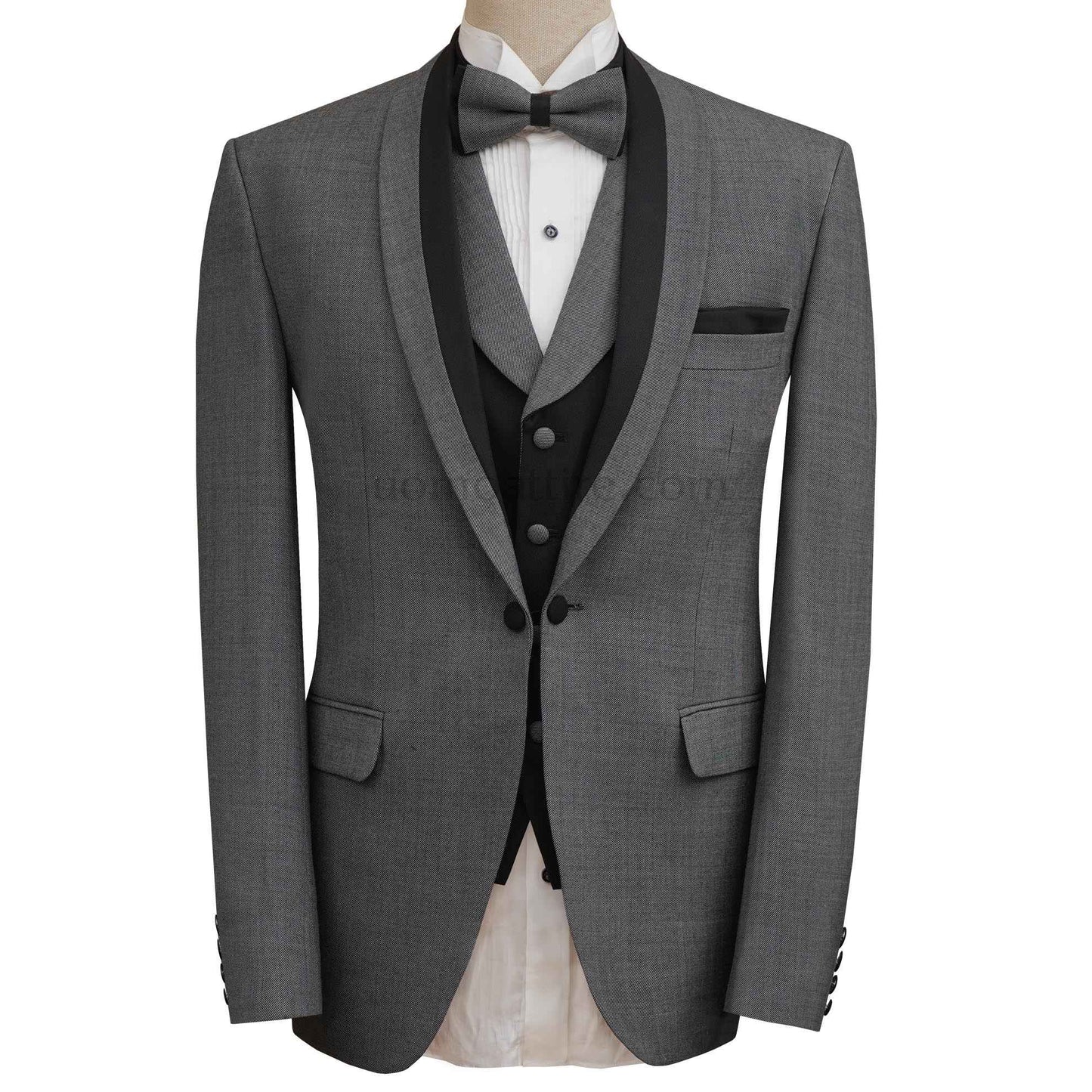 Men's three piece gray tuxedo with contrast shawl, suit, 3 piece suit, gray tuxedo suit