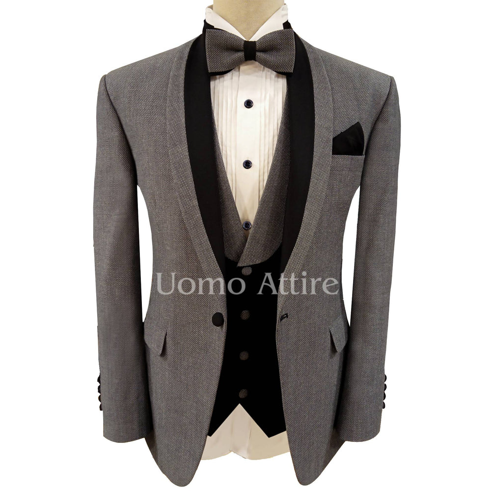 Grey pindot contrast tuxedo 3 piece suit, gray 3 piece suit for men