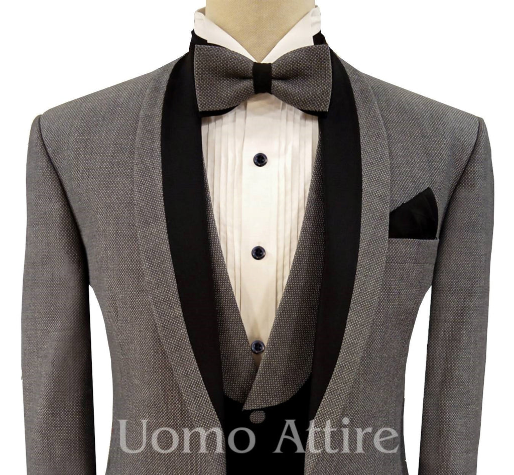 Grey pindot contrast tuxedo 3 piece suit, gray 3 piece suit for men