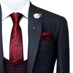 Grey windowpane check three piece suit, gray 3 piece suit with single breasted contrast check vest and formal tie