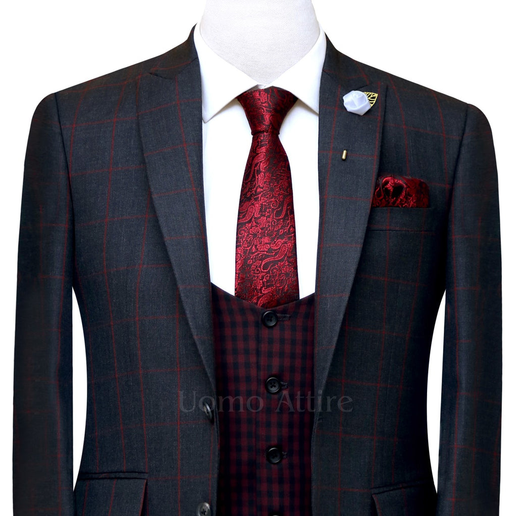 Grey windowpane check three piece suit, gray 3 piece suit with single breasted contrast check vest and formal tie