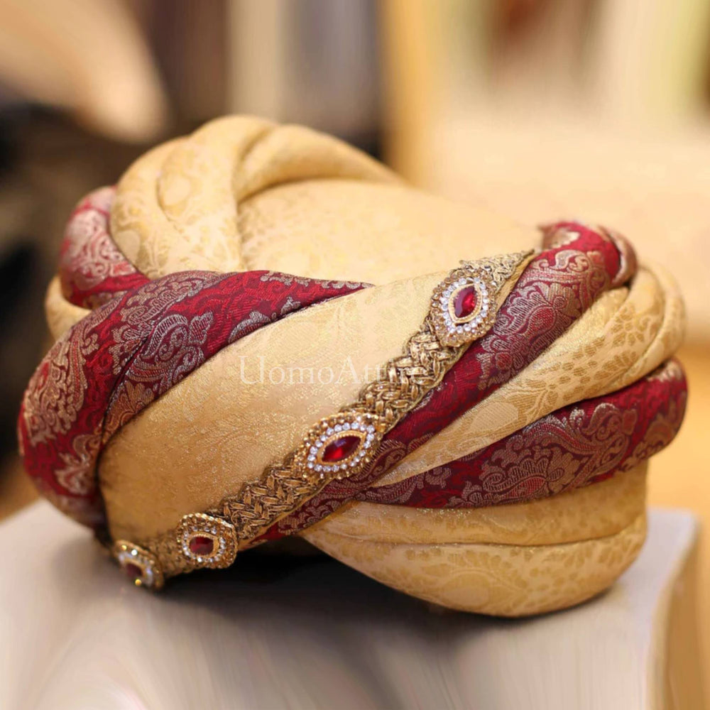Handcrafted Red and Antique Gold Rajasthani Pagdri