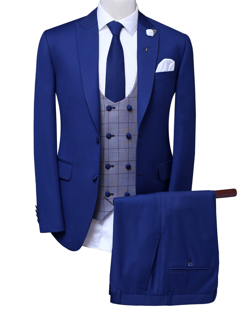
                  
                    Blue Italian tropical windowpane three piece suit, blue suits for men
                  
                