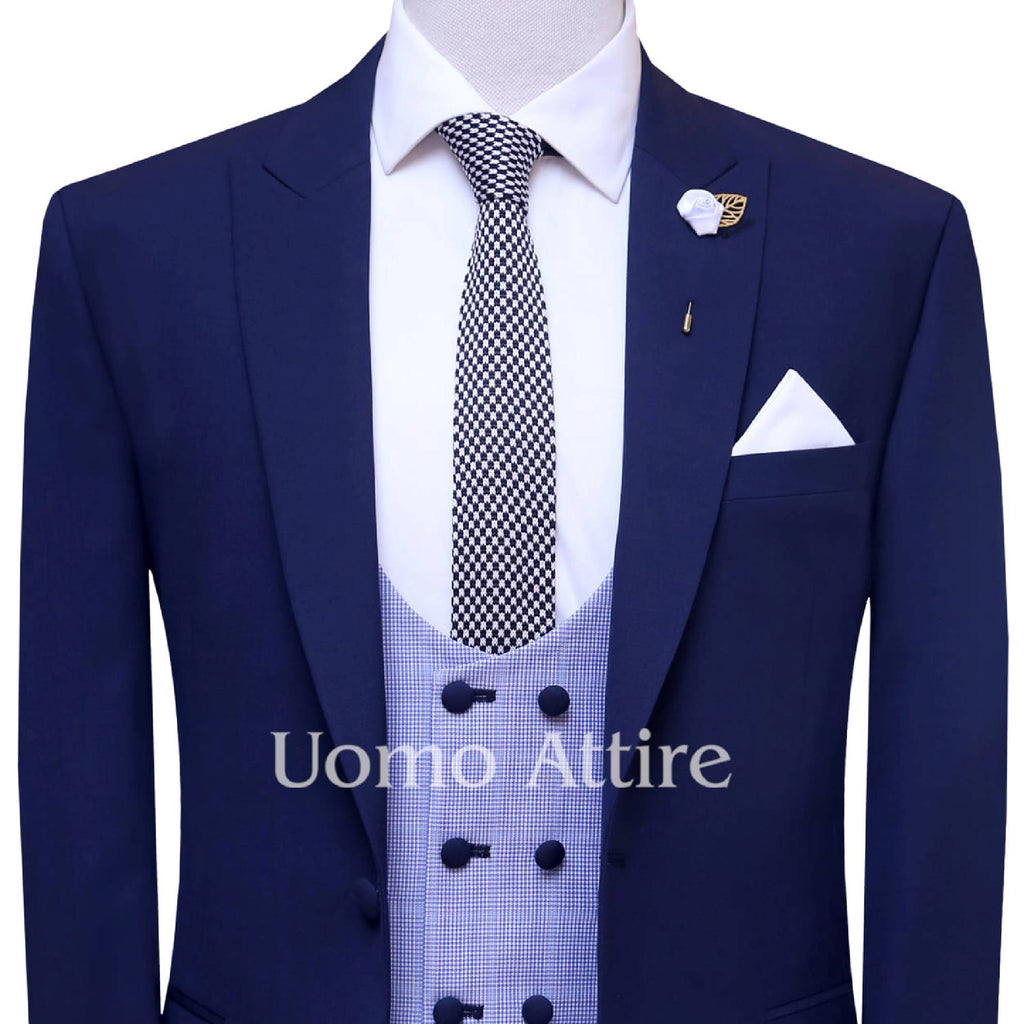 Ink blue 3 piece suit for men with mini check vest, knitted tie, lapel pin and pocket sqaure