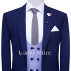 Ink blue 3 piece suit for men with mini check vest, knitted tie, lapel pin and pocket sqaure