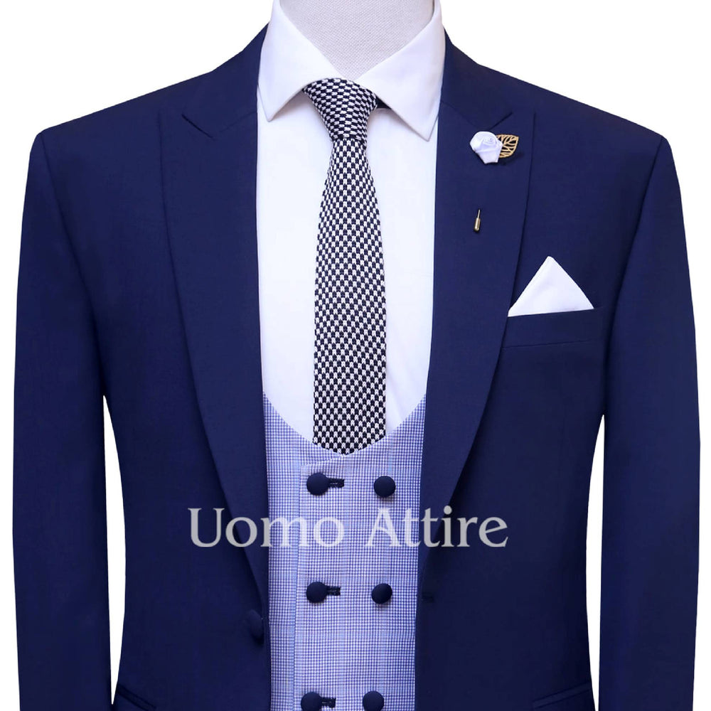 
                  
                    Ink blue 3 piece suit for men with mini check vest, knitted tie, lapel pin and pocket sqaure
                  
                
