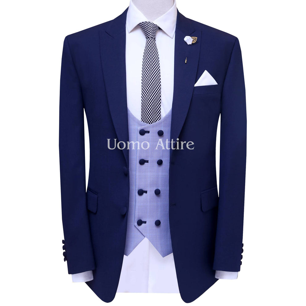 Ink blue wedding 3 piece suit for men with mini check double breasted vest