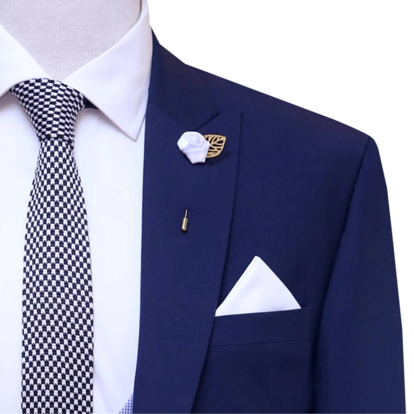 
                  
                    Knitted tie, lapel pin and pocket square for ink blue 3 piece suit for men
                  
                