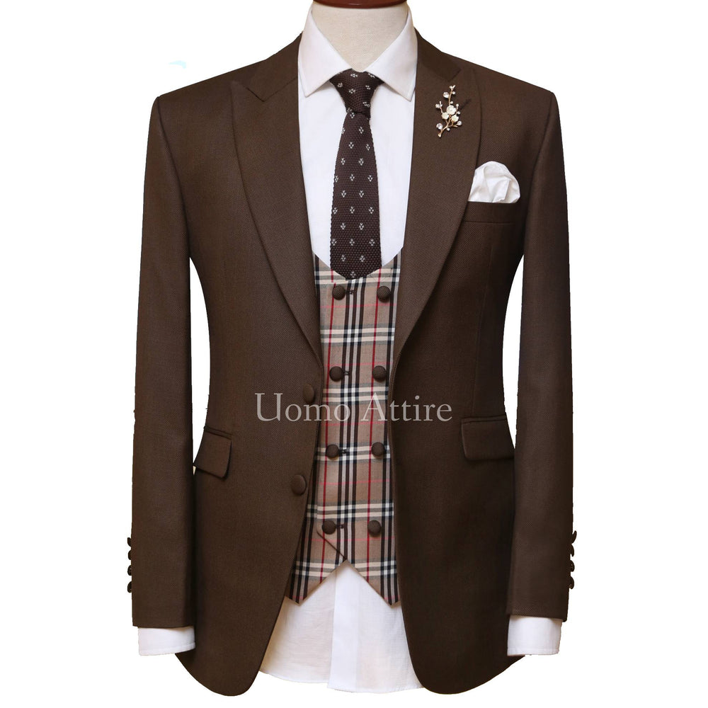 Limited edition self textured contrast three piece suit with double breasted check vest