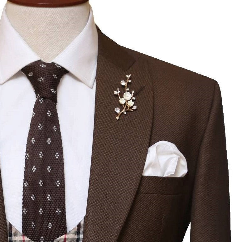 Limited edition self textured contrast three piece suit with double breasted check vest, knitted tie, lapel pin and pocket square