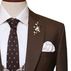 Limited edition self textured contrast three piece suit with double breasted check vest, knitted tie, lapel pin and pocket square